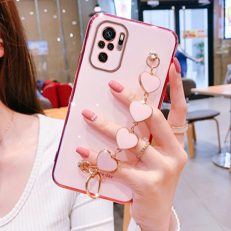 for redmi note10s case luxury love heart wrist chain phone case for redmi note 10 10pro 9a 9c 9s 9 9t 8t 8pro 8a 7 poco m3 case free global shipping