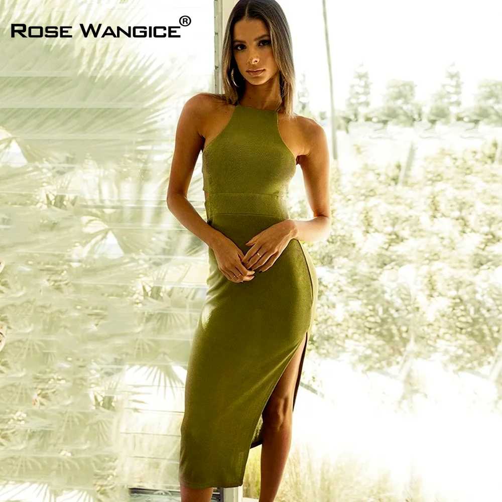 

Sexy High Waist Backless Sleeveless Open Fork of The Mid Calf Dress Women Elegant Summer Slim Bodycon Split Party Long Dresses