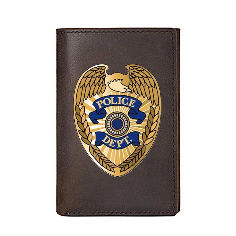 

Personality Genuine Leather Men Wallet Three Fold High Quality Police Badge Printing Credit Business Card Holders Male Purses