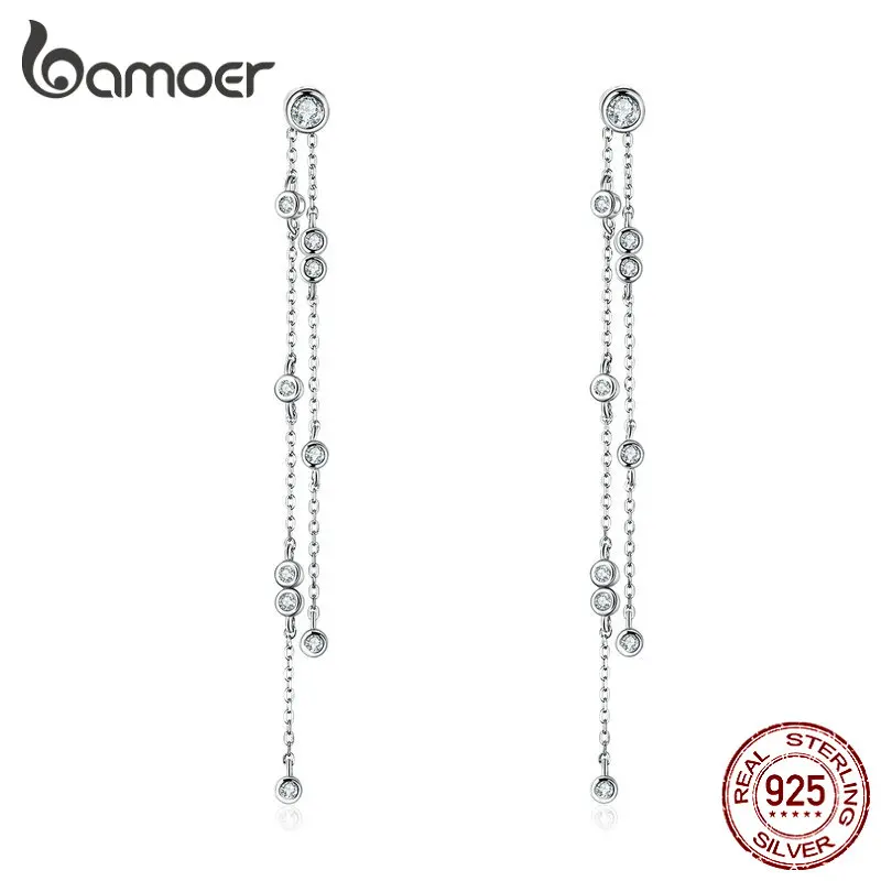 BAMOER, подлинные 925 пробы серебряные серьги-капли с длинной цепочкой для женщин, серьги для ушей, серебряные ювелирные изделия, свадебные ювелирные изделия BSE102