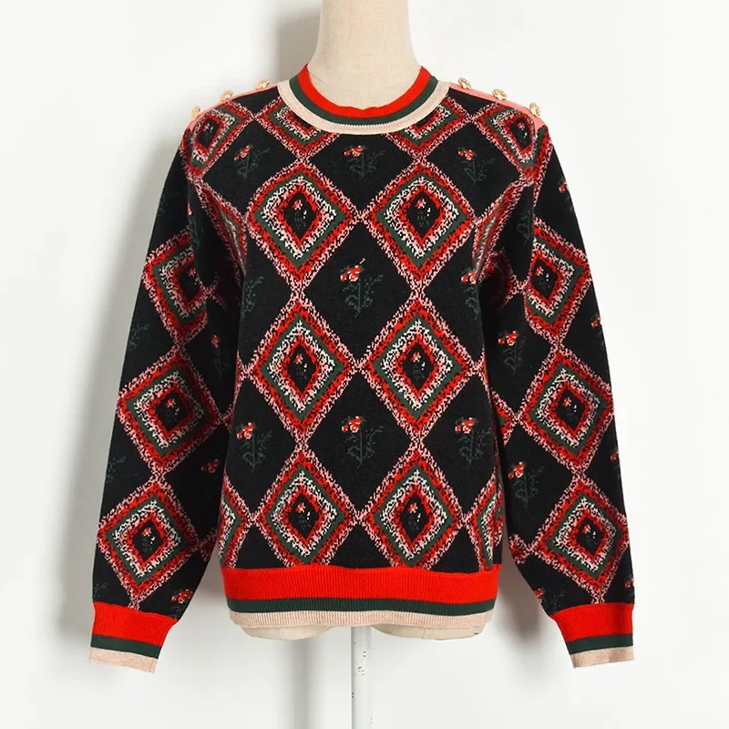 Женский жаккардовый свитер в стиле ретро контрастный джемпер клетку с ромбами