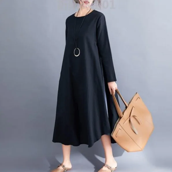 Женское винтажное платье из хлопка и льна Черное Длинное свободное Повседневное