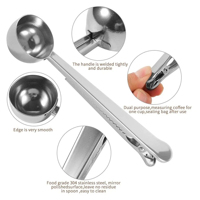 

2Pack 2 in 1 Coffee Scoop Tea Scoop Set with Clip, Multifunction Stainless Steel Coffee Measuring Spoon