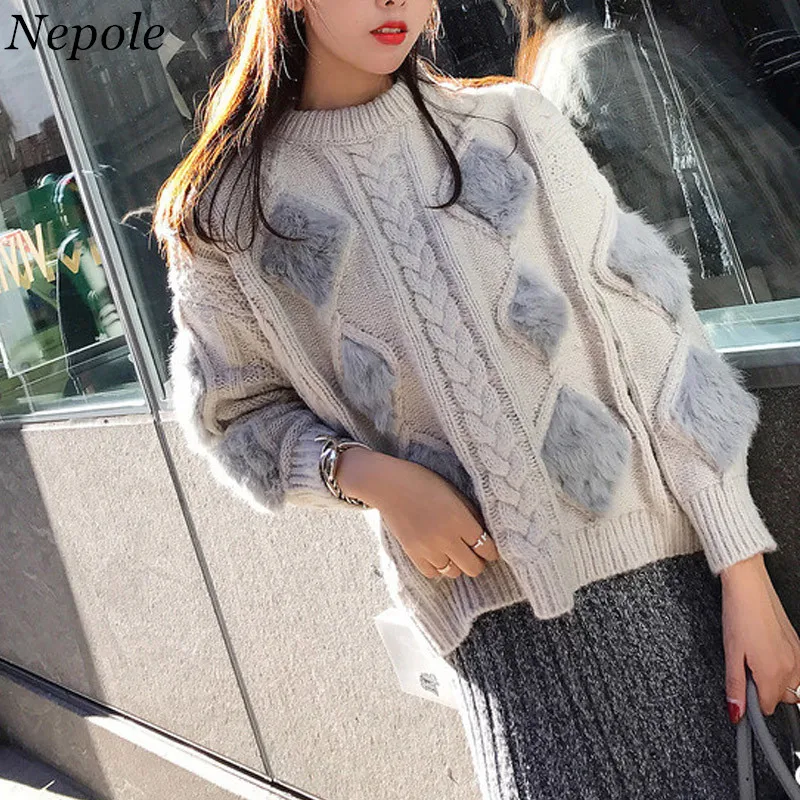 Женский свитер с мехом Neploe однотонный вязаный пуловер расклешенными рукавами