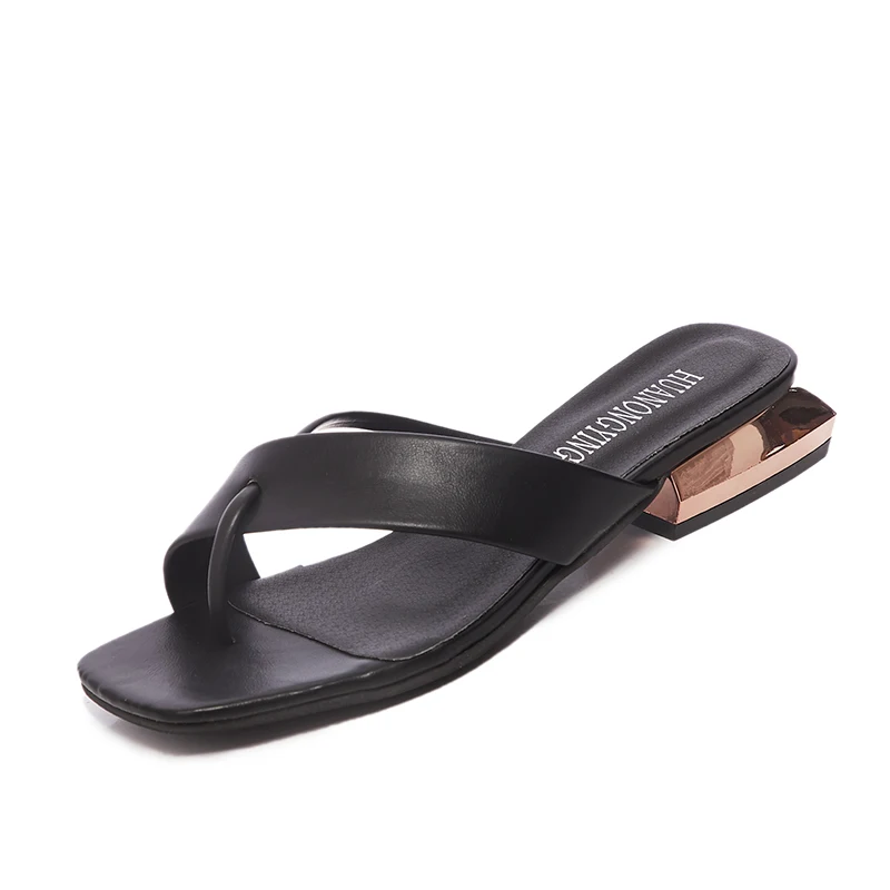 

Classic Simple Ladies Flip Flops Metal Square Heel Cute Slippers Solid Color Non Slip Open Toed Shoes Elegant Outdoor Indoor