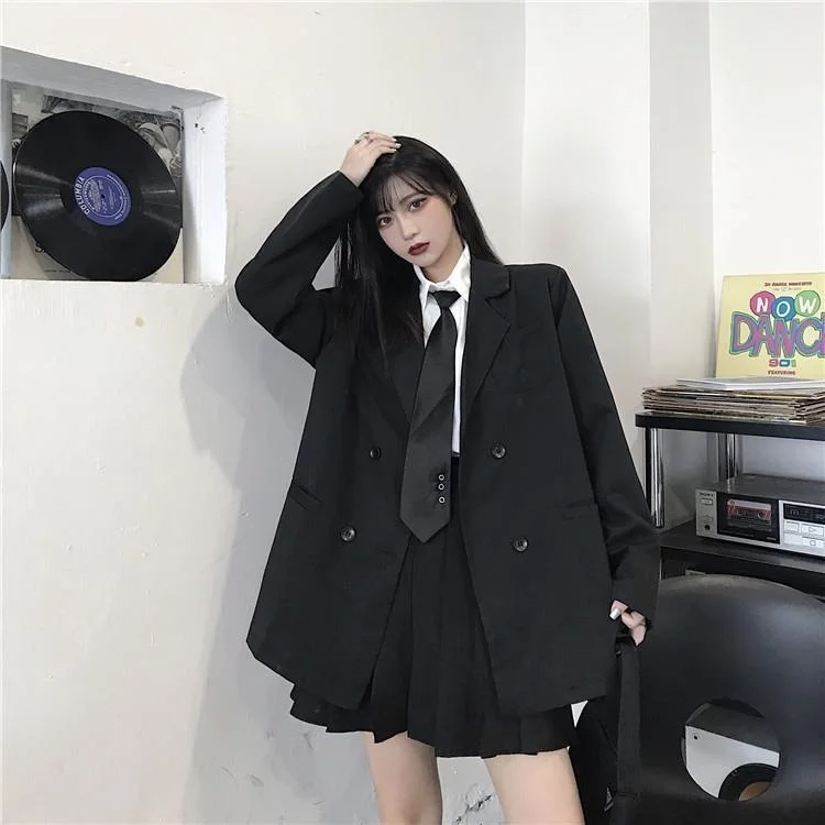 

Korean Black Suit Blazers Outerwear Long Sleeve Women Double Breasted Thin Suit Coat 2021 New Casual Office Spring Clothes Women