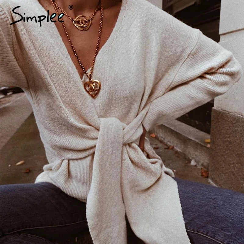 Simplee Casual bow tie plus size women sweater Elegant solid v-neck knitted jumper female Autumn winter pullover 2019 | Женская одежда