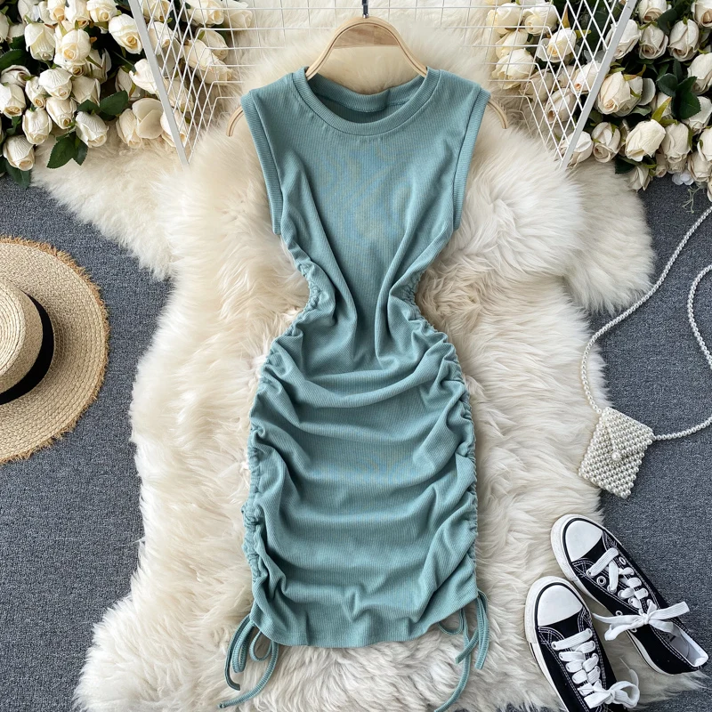 

Korean spring summer Mini dress O neck sleeveless waist Dress womens thin fold Sheath Draped sexy bag hip Dresses women tide