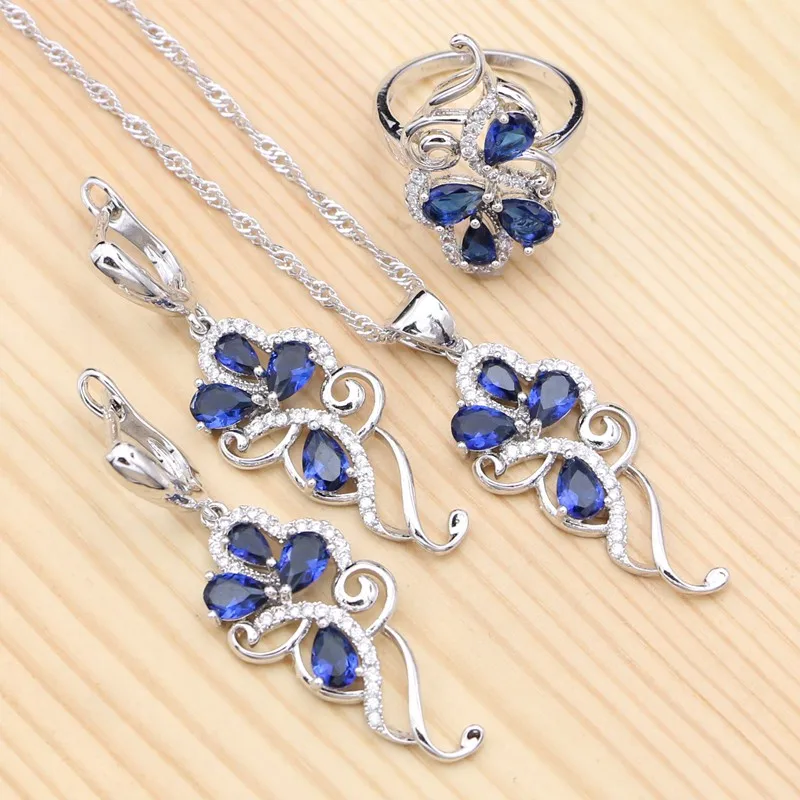 925 Silver Jewelry Sets for Women Party Accessories Natural Blue Sapphire White Crystal Pendant Necklace Ring Earrings Set