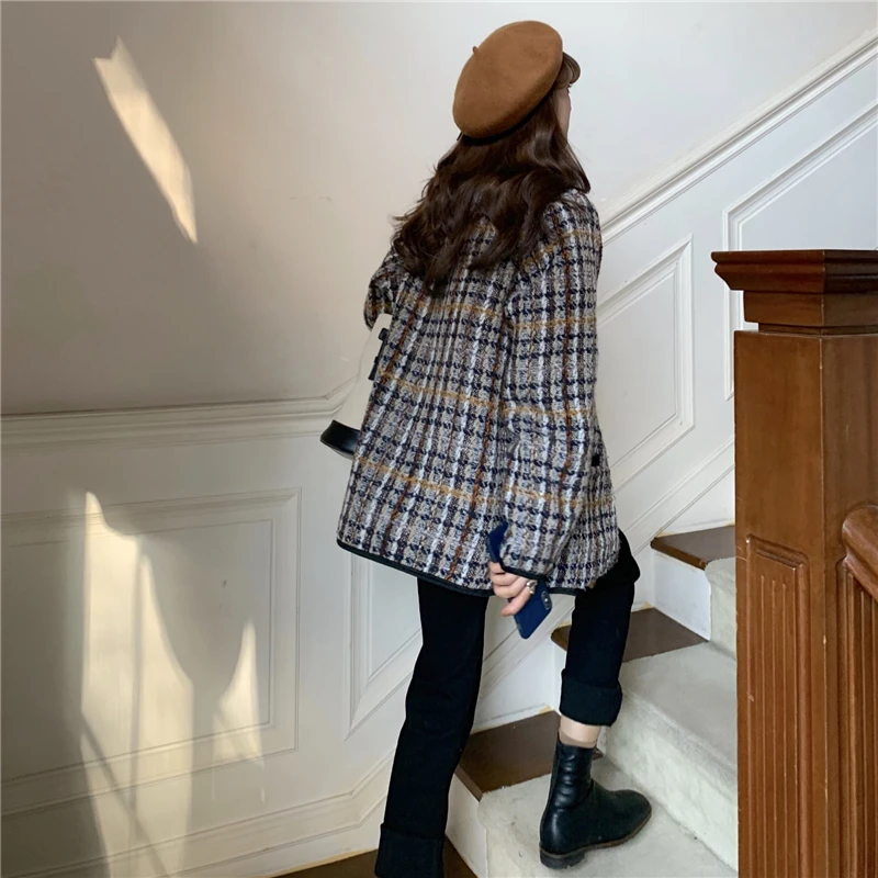 

Women Clothes Autumn Winter Plaid Tweed Single Breasted Cardigans Wool Jacket Women Pocket Woolen Outwears Long Sleeve Coats