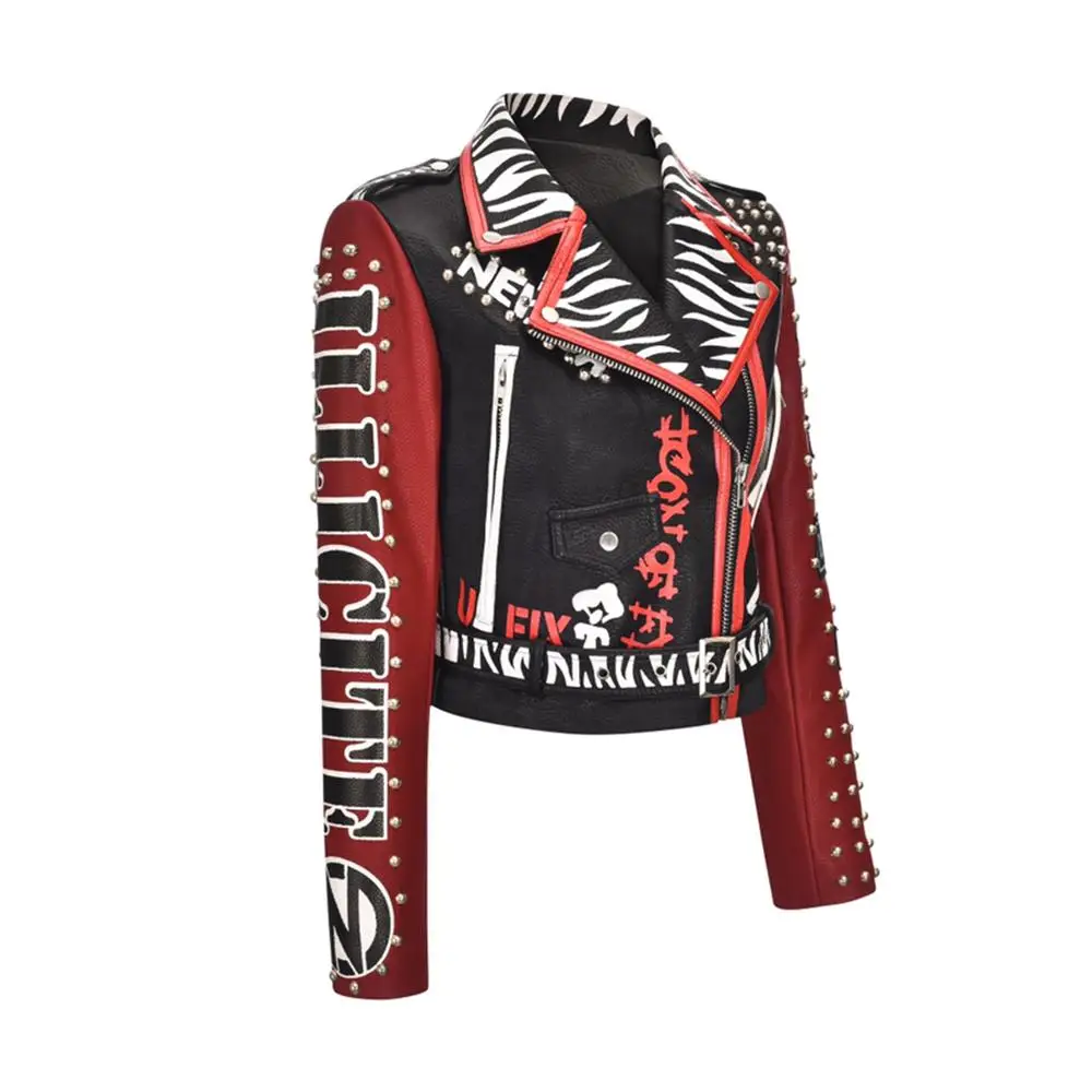 Autumn and winter new street zebra graffiti print short slim pu coat women's clothing