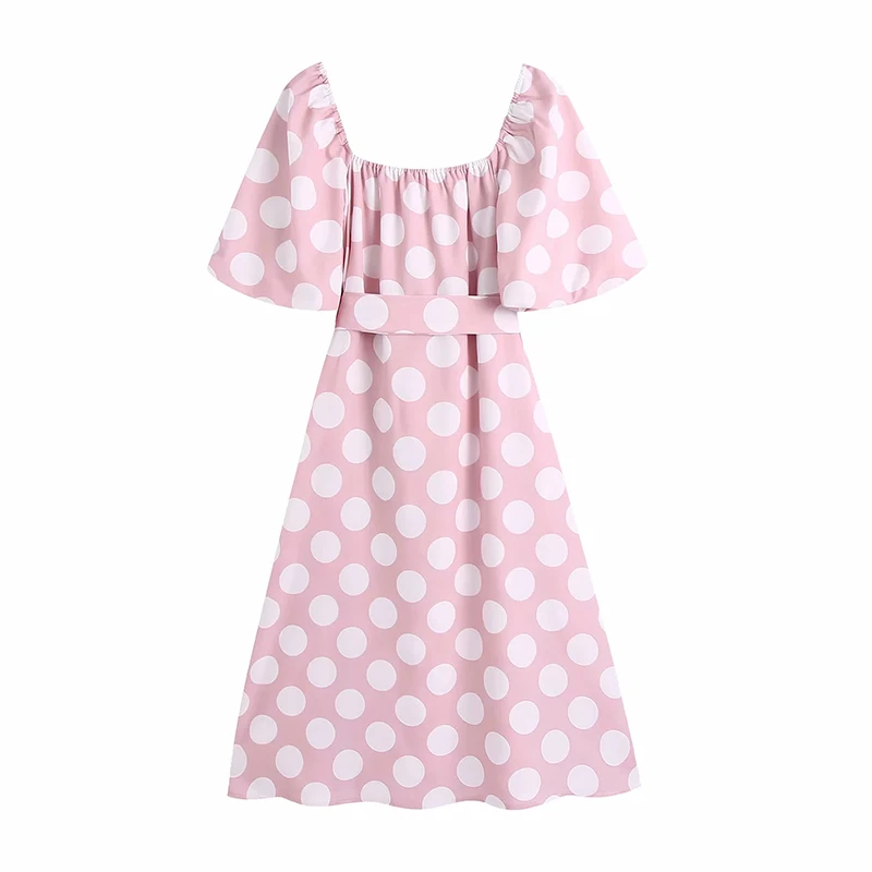 

Women's Dresses Pink Puff Sleeves Dress Midi Wave Point Vestidos Party Dress Short Sleeve Cute Bow Robe Lace up Vintage Chic trf