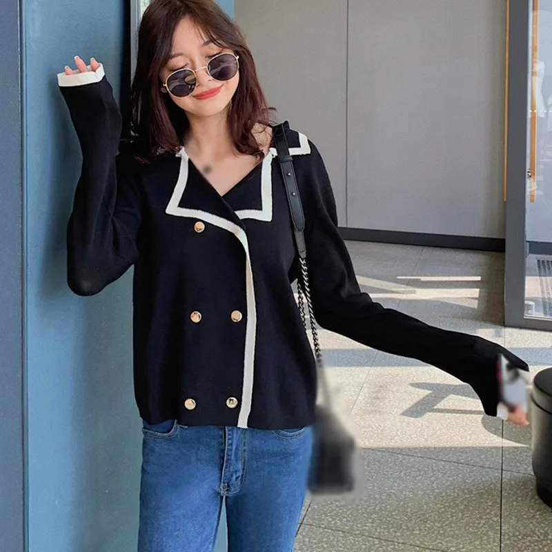 

Ladies Suit Collar Double-breasted Slimming Short Top Spring Ice Silk Long-sleeved Knitted Cardigan Fashion Top Street Wear