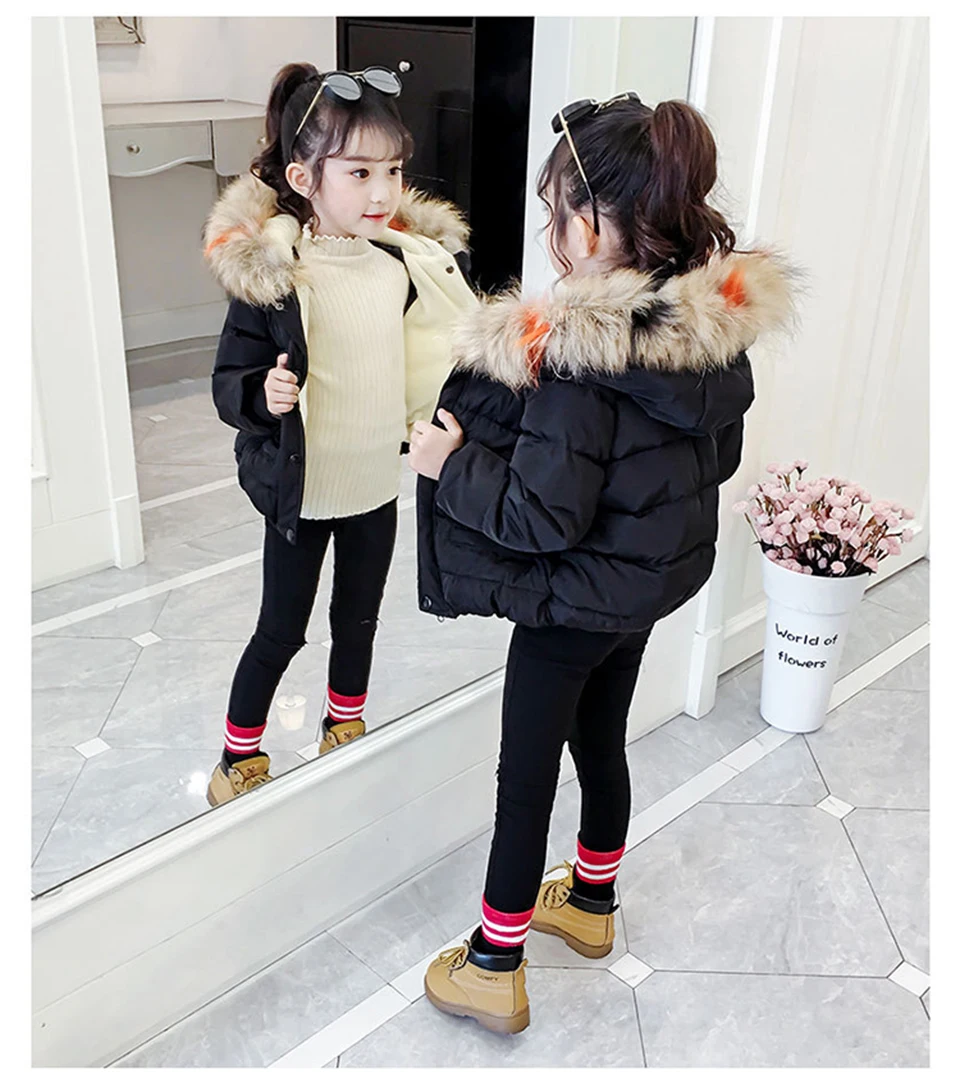 Winter Fashion Girls Big Fur Collar Down Jacket Cotton Boy Hooded Jacket Thickening Children's Warm Cotton Jacket 3-8 years old