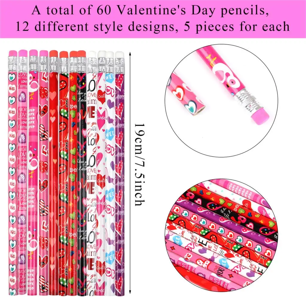 

60 Pcs Valentine's Pencil Assortment Heart Pencils Sketch Pencil Wooden Lead Pencils Writing Stationery Cute Pencil for Students