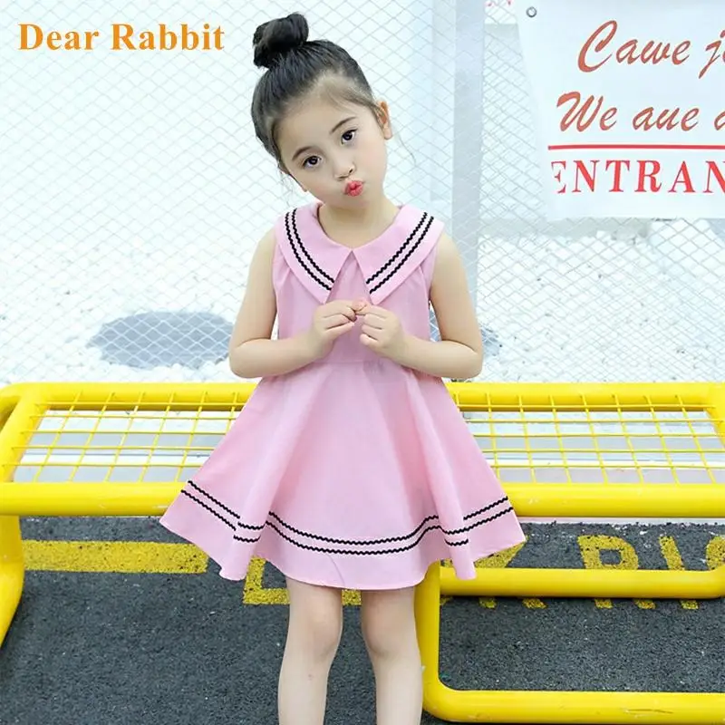 

2021 Fashion Girl princess sleeveless girls Dress Pleated Children 100% cotton navy School Kids dresses for clothes new Clothing