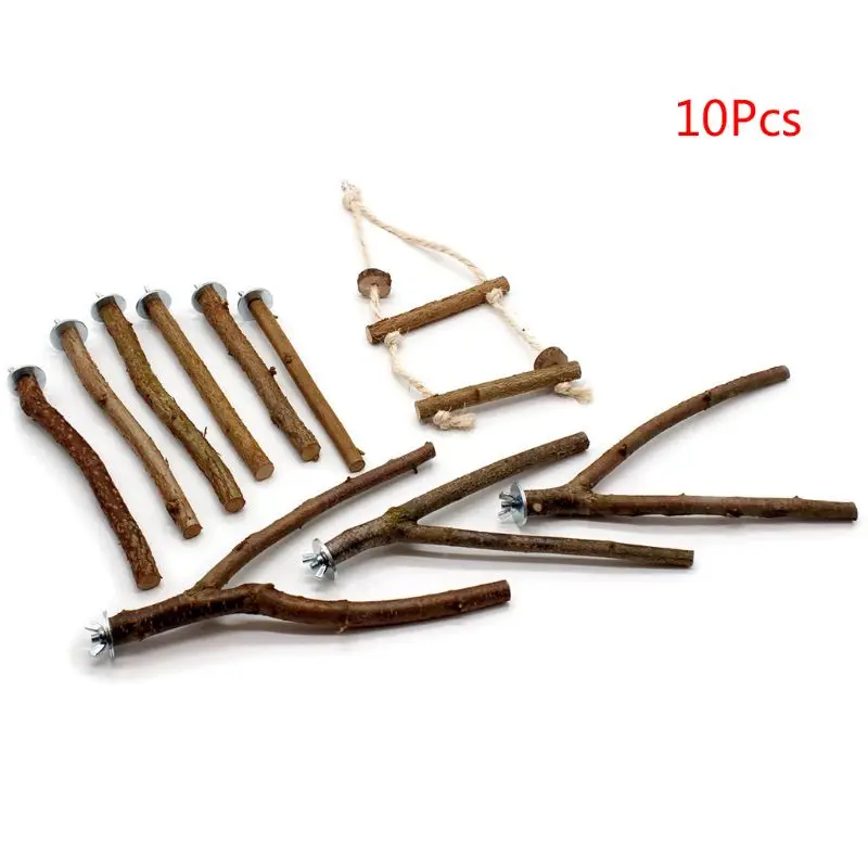 

10Pcs Parrot Stand Rod Natural Wood Fork Perch Hanging Swing Pet Chewing Toys