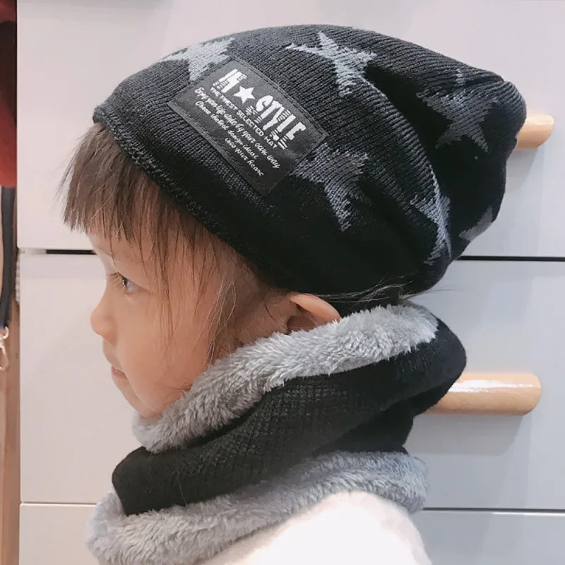 

SL-Baby Winter Warmer Scarf Star Print Hat Infant Collar Scarves Neckerchief Headwear Set
