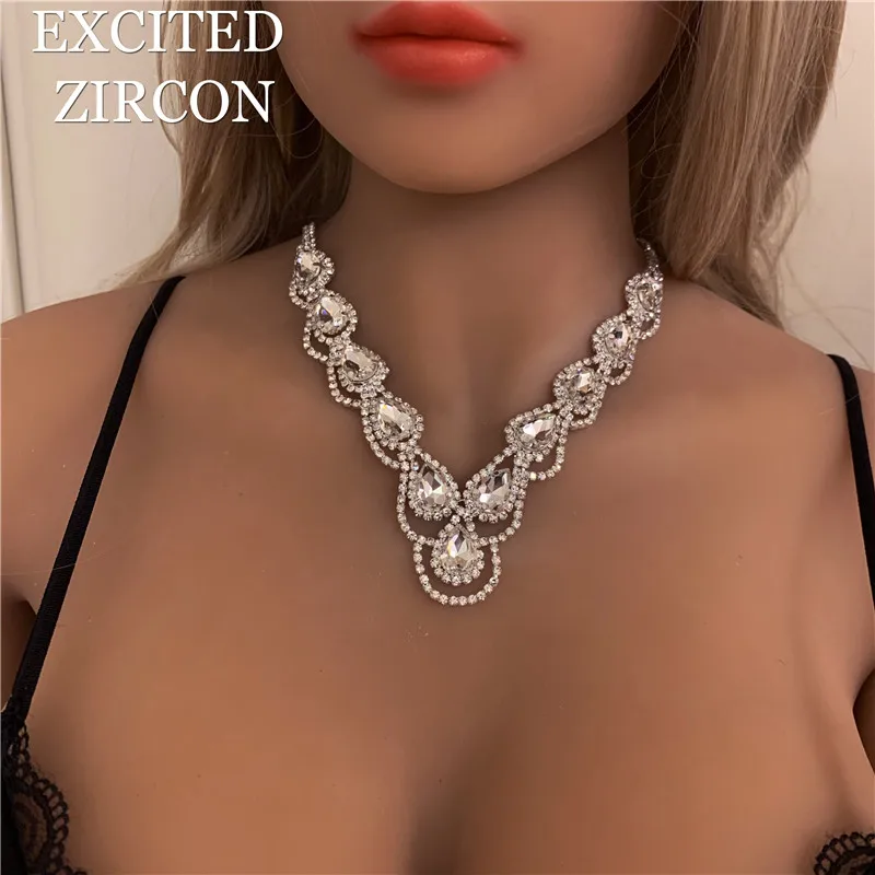 

Fashion Shiny Crystal Rhinestone Bridal Choker Wedding Jewelry Sets for Women Russia Luxury Earrings Necklace Set Dropship