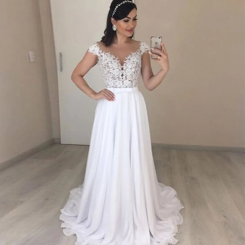 

Vestidos De Novia Cap Sleeves Boho Wedding Dresses A-line Chiffon Skirt Appliques Custom Made Bride Dresses For Summer Wedding