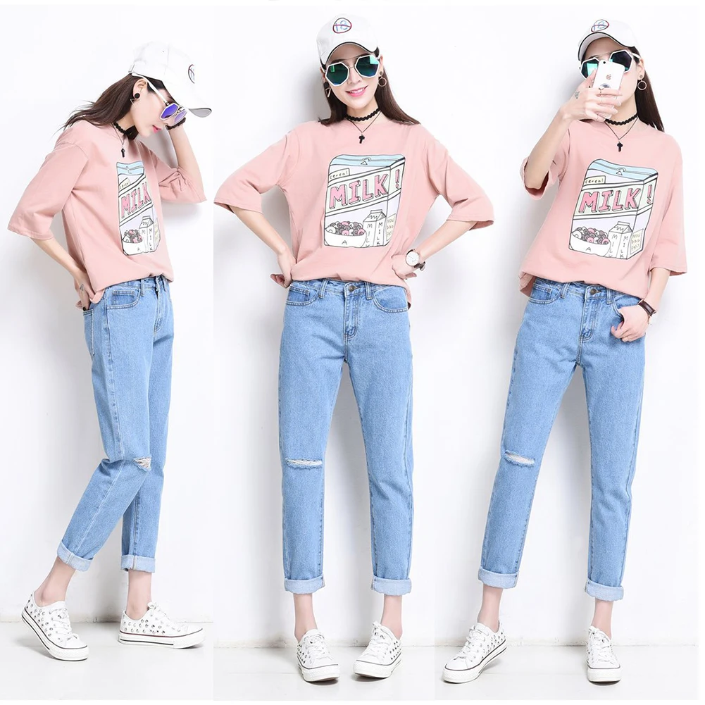 

Spring Summer Boyfriend Style Loose Denim High Waist Ninth Jeans With Hole On Knee Women Thin Pants Feminino Trousers