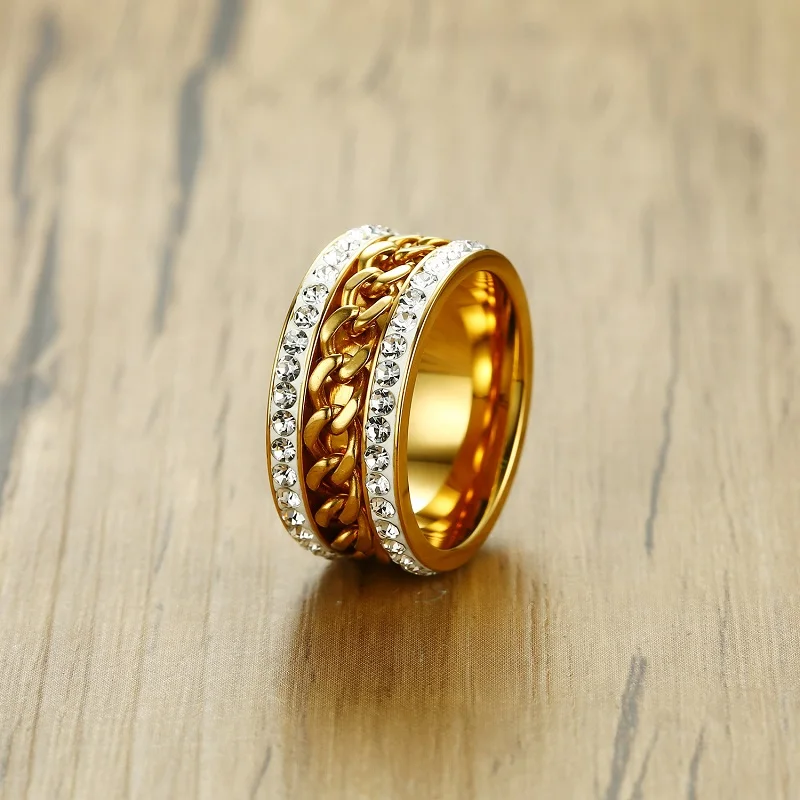 

Men Spinner Chain Ring Stainless Steel Rotatable Male Ring Vintage AAA Zircon Gold Rings Jewelry Evening Party Gift