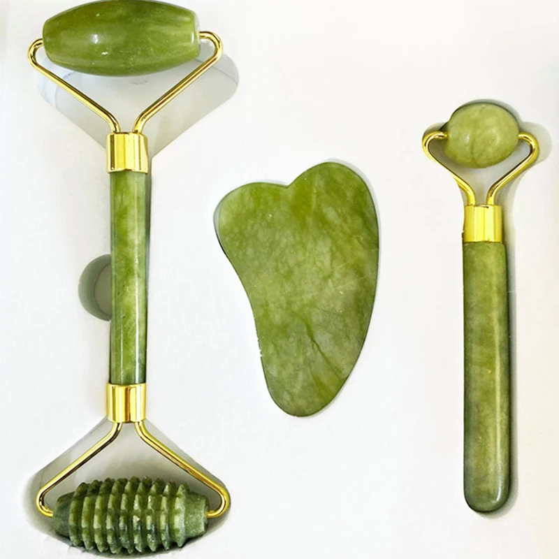 

3pcs/set Facial Jade Stone Roller Gua Sha Board Body Neck Massage Tool Double Head Face Massager Scraper Face-lifting