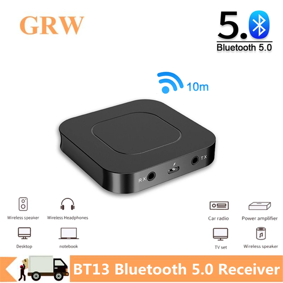 

GRWIBEOU BT13 Bluetooth 5.0 Transmitter Receiver 3.5MM AUX Stereo for PC TV Car Headphones Wireless Adapter