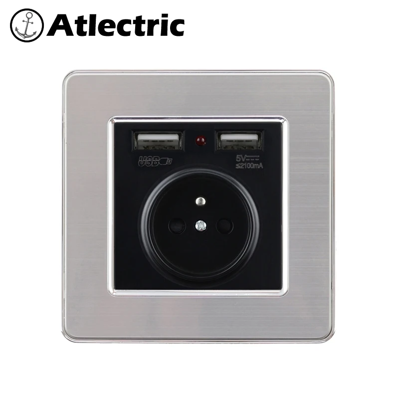 Atlectric ЕС FR стандартная розетка питания Франция розетка для стены с двойной порт USB панель из нержавеющей стали электрическая вилка переходник usb socket