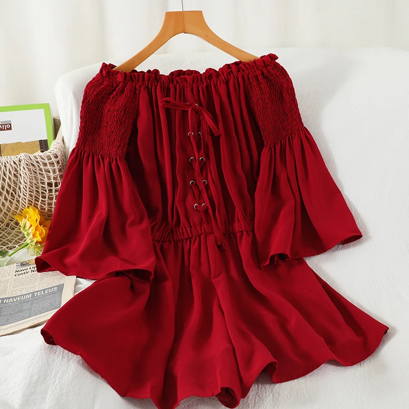 

FMFSSOM 2022 Summer Loose Short Romper Women Lace Up High Street Solid Casual Rompers&Playsuits Rompers for Women