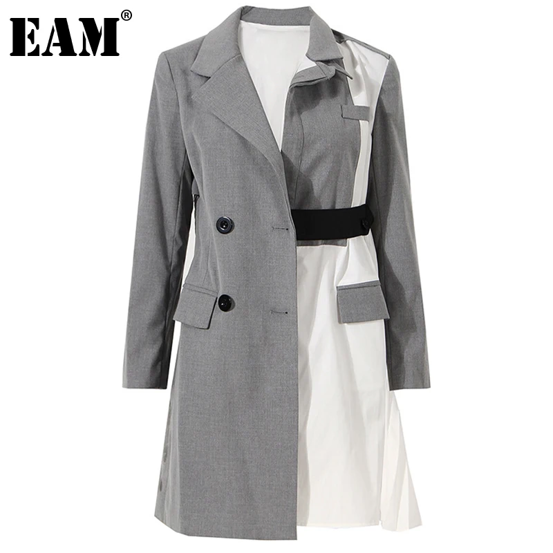 

[EAM] женский серый плиссированный Асимметричный Блейзер большого размера, новая свободная куртка с отворотом и длинным рукавом, модная деми...
