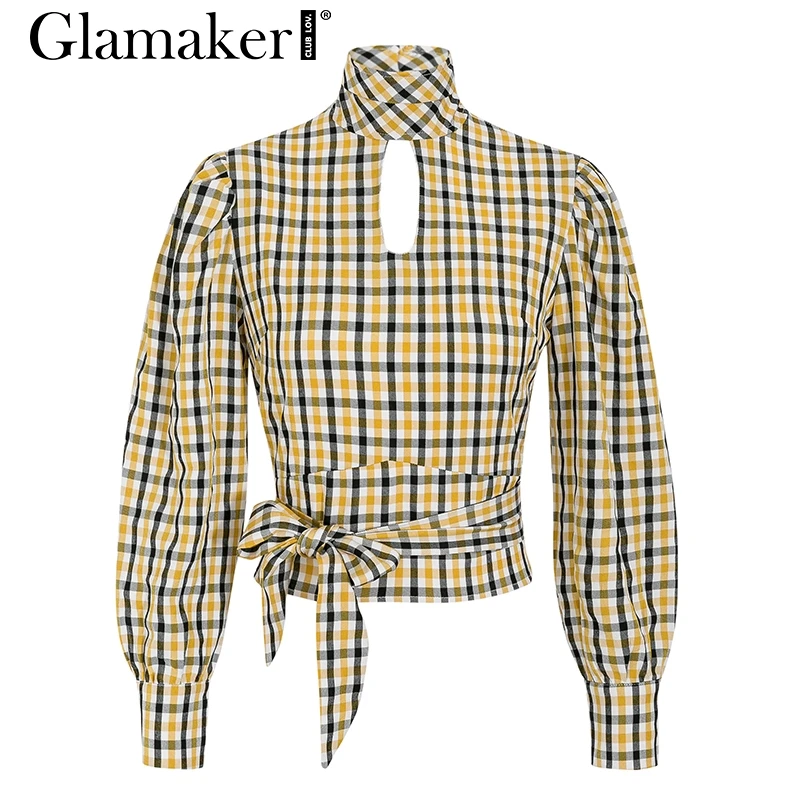 Glamaker/винтажная клетчатая рубашка короткая женская блузка с открытой спиной и