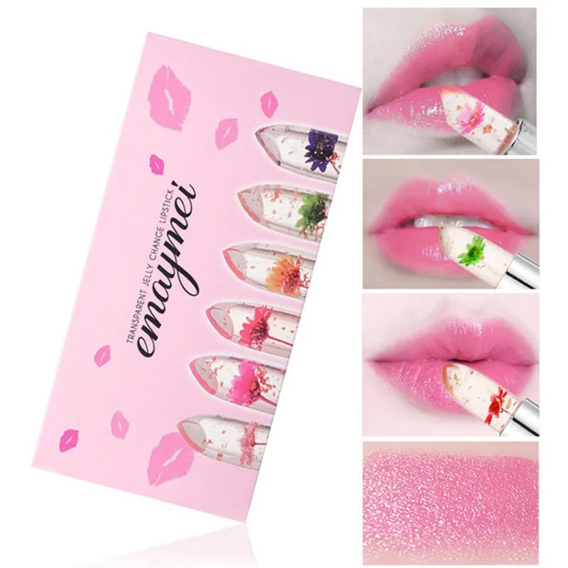 

6pcs Lipstick Set Flower Jelly Crystal Clear Lip Balm Kit Long Lasting Lips Moisturizer Temperature Color Change Pink