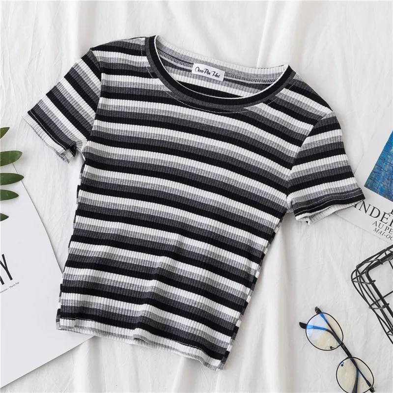 

New T Shirt Women Rainbow Striped Tops Slim Fit t shirt Harajuku Tshirt Summer Short Sleeve Korean T-shirt feminina Clothes Tops