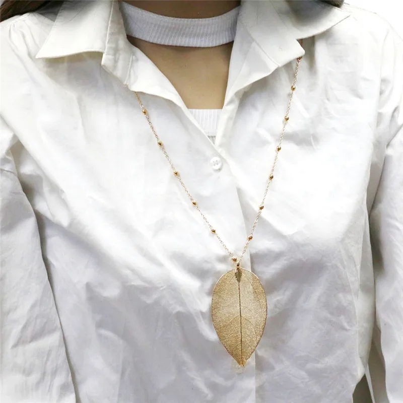 Real Leaf Pendant Necklace Gold Long Chain Charm Rustic Wedding Jewelry Statement Bridesmaid Gift | Украшения и аксессуары