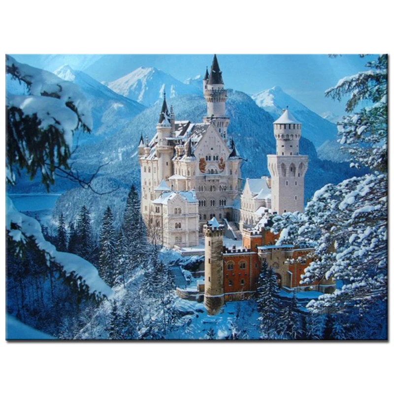 Полная круглая дрель 5D DIY Алмазная картина &quotЗимний Замок Горный пейзаж&quot 3D