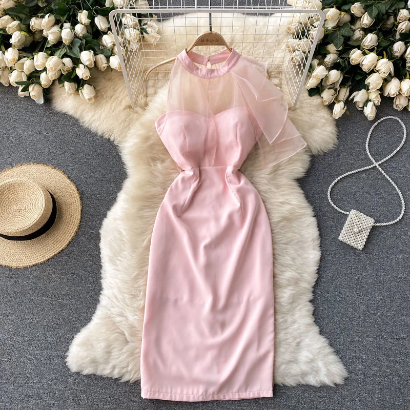 

Korean Women Pink Party Dress Elegant O-neck Sleeveless See Through Mesh Patchwork Ruffles Slim Bodycon Midi Dress Summer 2021