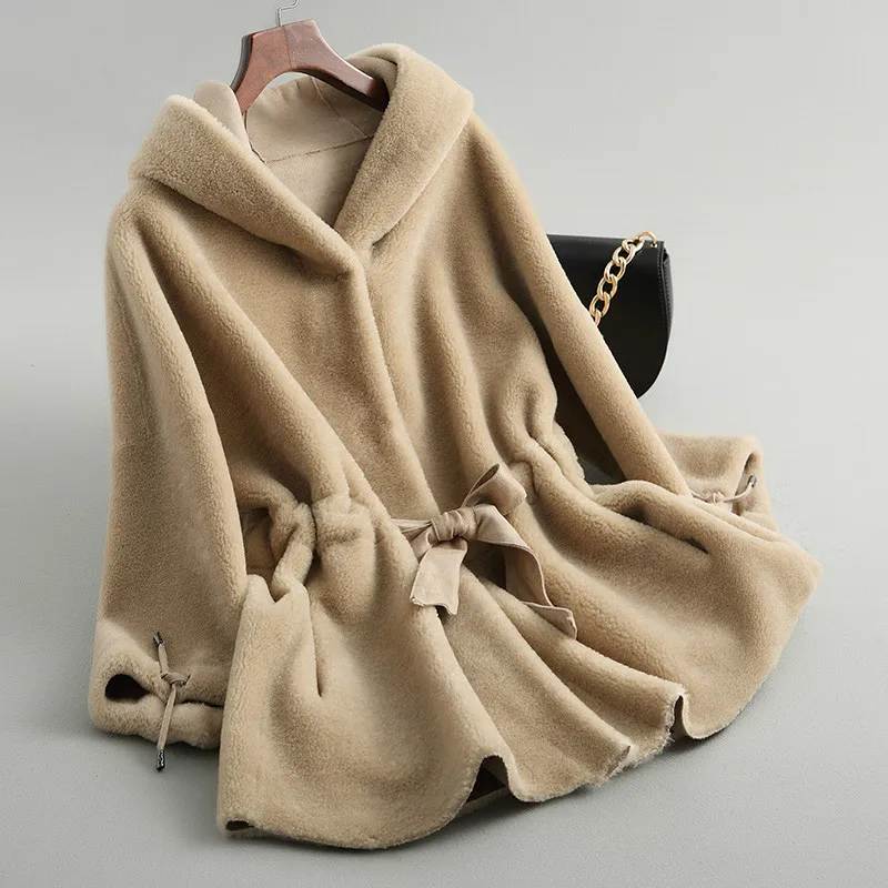 Camel color Осенне-зимнее женское пальто из натурального меха, шерстяная куртка, повседневное корейское пальто из овечьей шерсти, женские замшевые длинные женские топы с капюшоном ZT356 - Цвет: Camel color