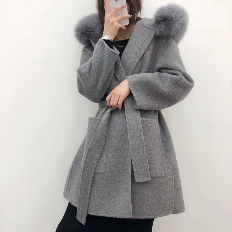 Женское шерстяное пальто ручной работы с воротником из лисьего меха | Женская
