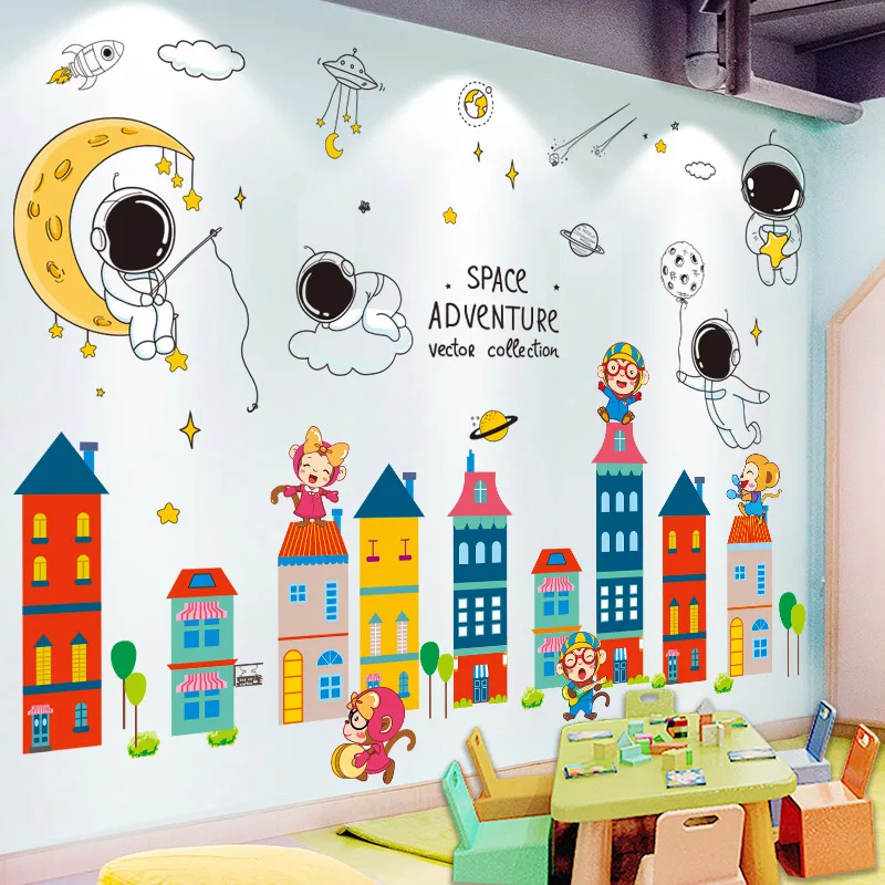 

[SHIJUEHEZI] Cartoon Astronaut Planets Wall Stickers DIY Castles Monkey Mural Decals for Kids Rooms Baby Bedroom Home Decoration