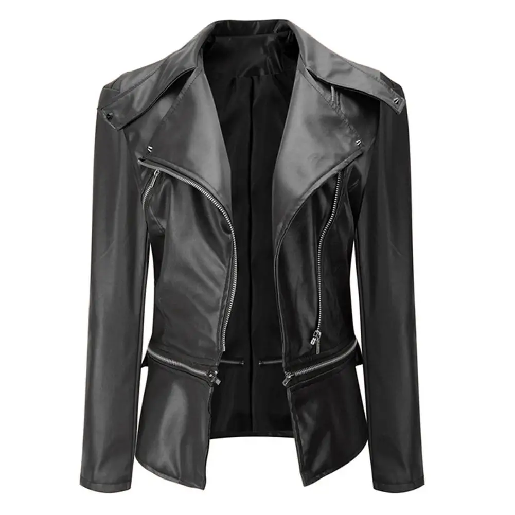 

Autumn Leather Slim Turn-down Collar Zipper Punk Women Solid Color Long Sleeve Lapel Faux Leather Motorcycle Jacket Coat