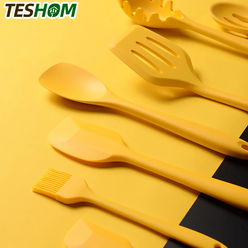 TESHOM 10 шт. Желтый силиконовый набор кухонной утвари с ручкой для хранения посуды
