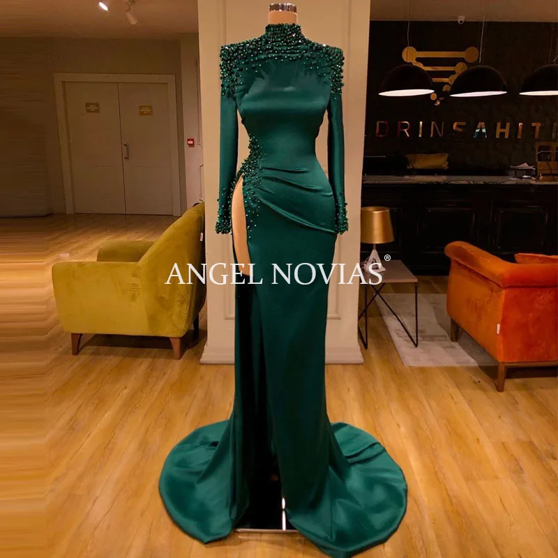 

High Neck Green Mermaid Long Sleeves Evening Dress 2020 Saudi Arabia Dubai Moroccan Muslim Formal Prom Party Gowns