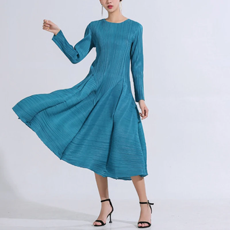 Changpleat Весенние новые женские платья Miyak плиссированные модные однотонные с o-образным вырезом солидные Большие размеры с длинным рукавом женское платье D8980