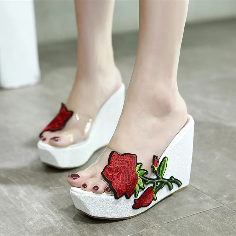 

202 Summer New Wedges Heel Rose Flower Transparent Sandals Women