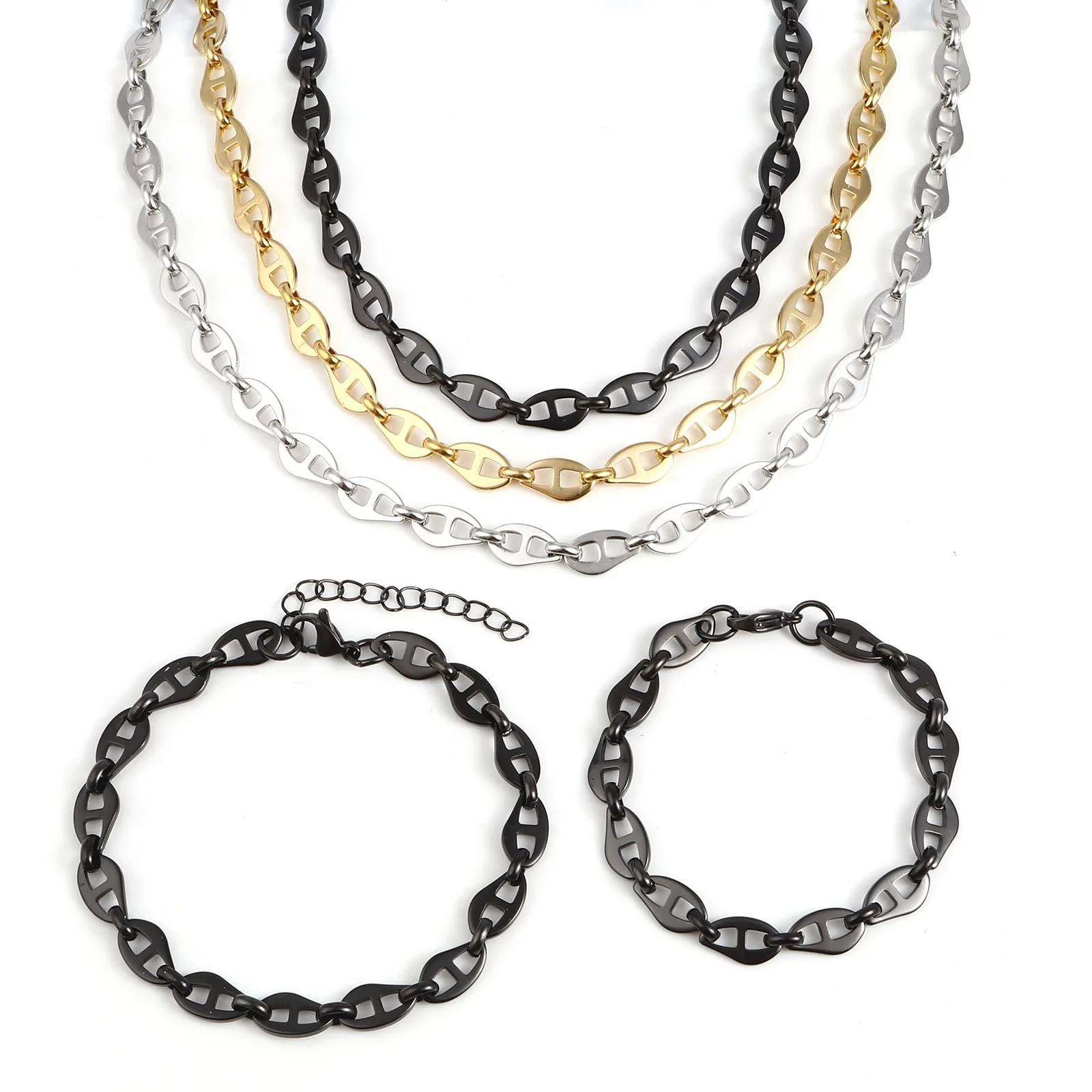 

Punk Style Stainless Steel Jewelry Set Necklace Bracelets Gold/Silver Color/Black Pig Nose Beads Chains Women Men Party Jewelry