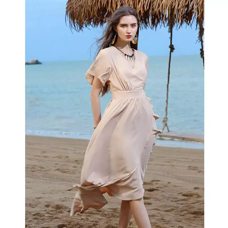 

Женское шифоновое платье на завязках, Длинная тонкая пляжная юбка с V-образным вырезом и оборками на талии, лето 2021