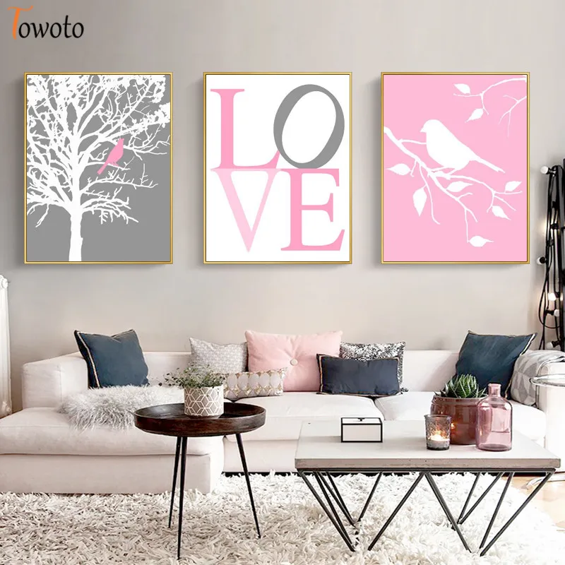 Серый розовый холст картина Цитата плакат Современные Деревья птица с принтом в