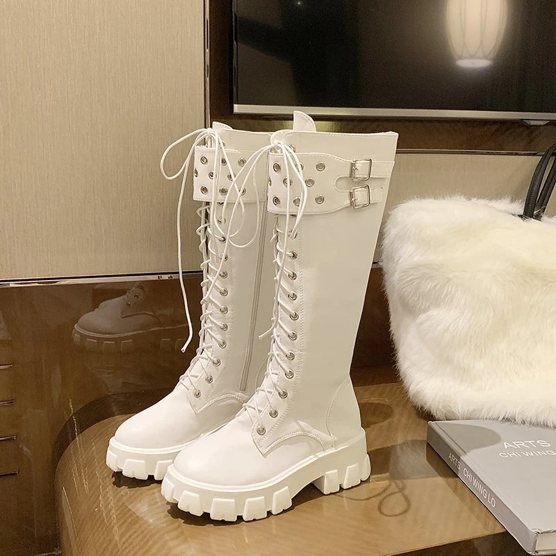 

New Lace-up Female Knight Thin High Boots Thick-soled Fashion Comfortable Mid-tube Boots Buckle Martin Shoes Motorcycle Boots