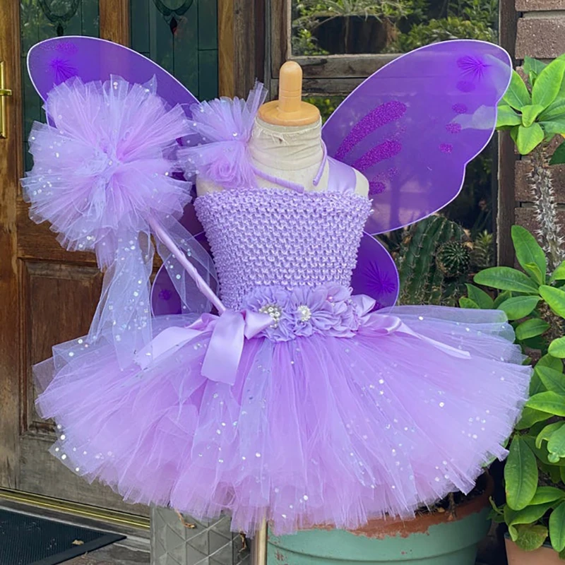 Vestido de Hada de mariposa púrpura para niñas, vestido de flores de Tutus de tul con purpurina con ala y lazo para el pelo, disfraz de fiesta para niños, vestidos de lentejuelas